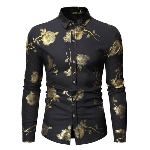 US/EU SIZE / ZEROYAA 2019 Mens Hipster Shiny Gold Rose Print Slim Fit ...