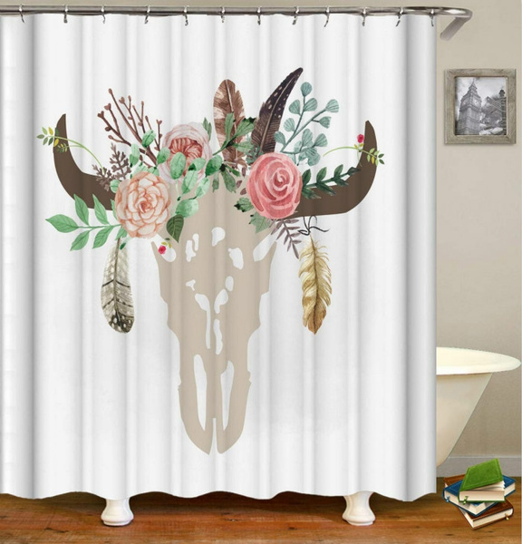 Shower Curtain Home Decor The Cow Skull With The Flowers And Leaves On White Background Feather On Skull Two Side Waterproof Polyester Fabric Bath Curtain Wish