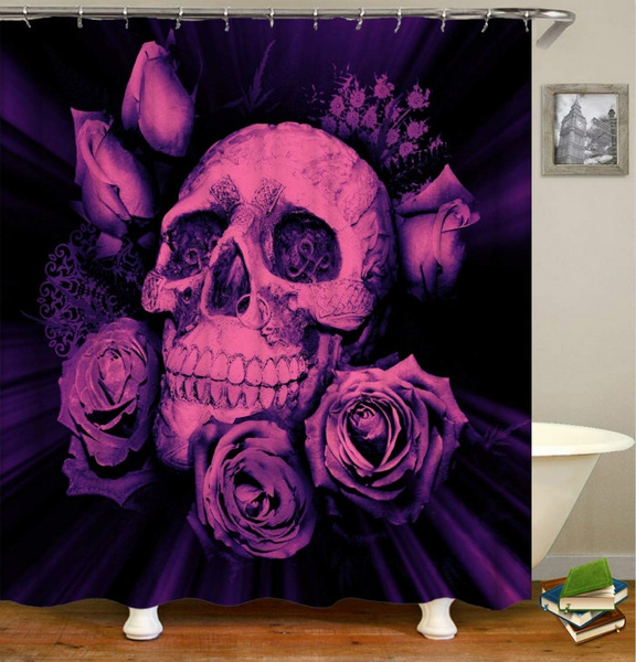 Pink Skull And Flowers With Nose Stud, Pink And Black Skull Shower Curtain