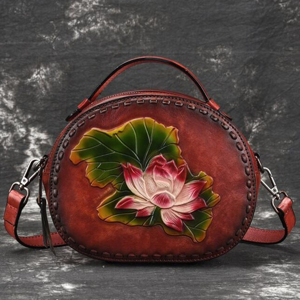 Genuine Leather Top Handle Cross Body Bag for Women Lotus Pattern Chinese Style  Tote Vintage Women Real Cowhide Messenger Shoulder Bags