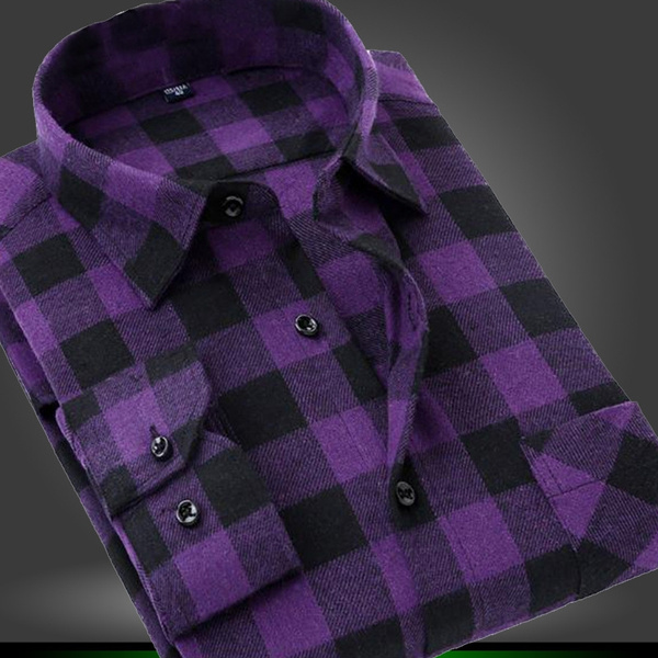 Purple Shirt Men Long Sleeve Plaid Flannel Shirt Male Slim Fit Black White  Checkered Shirt Autumn Winter Clothing