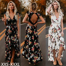 Fashion V-neck Backless Floral Irregular Maxi Dress Boho Beach Long Women Dress