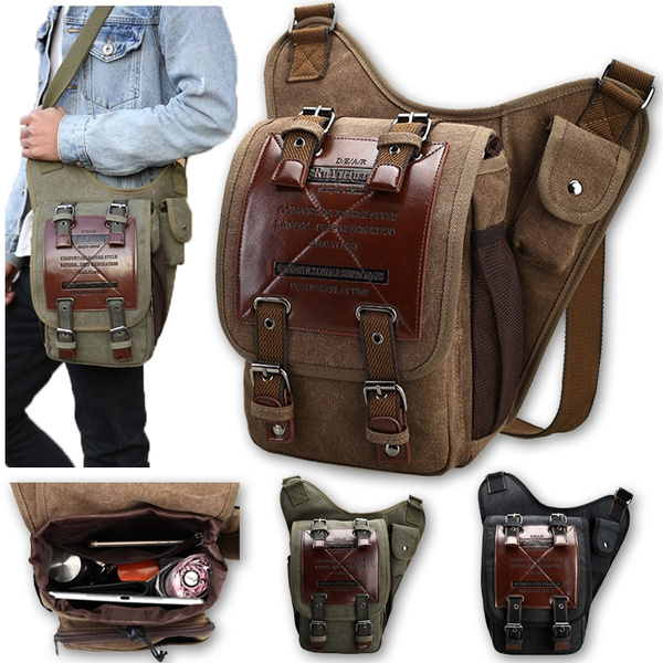 Men's Vintage Leather Canvas Shoulder Bag Retro Military Messenger Sling  School Travel Hiking Crossbody Bag