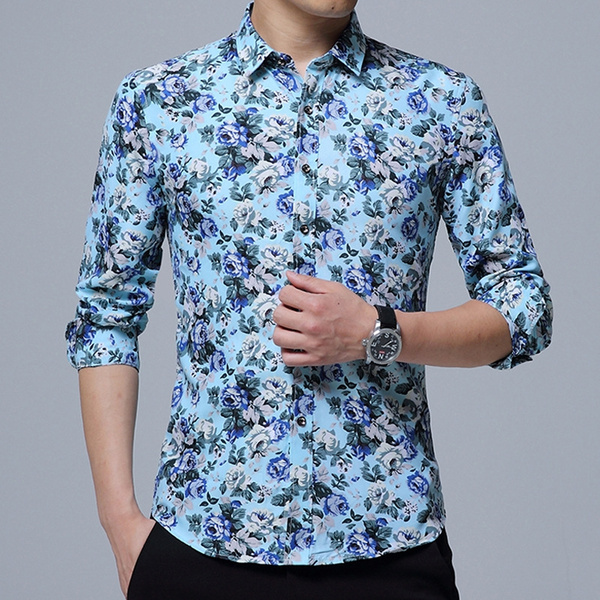 Spring Men's Shirt Floral Printing Long 