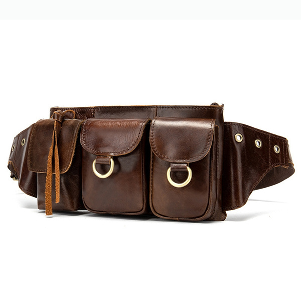 Mens Real Genuine Leather Brown Belt Bag Fanny Pack Waist Wallet Sling Chest Bag