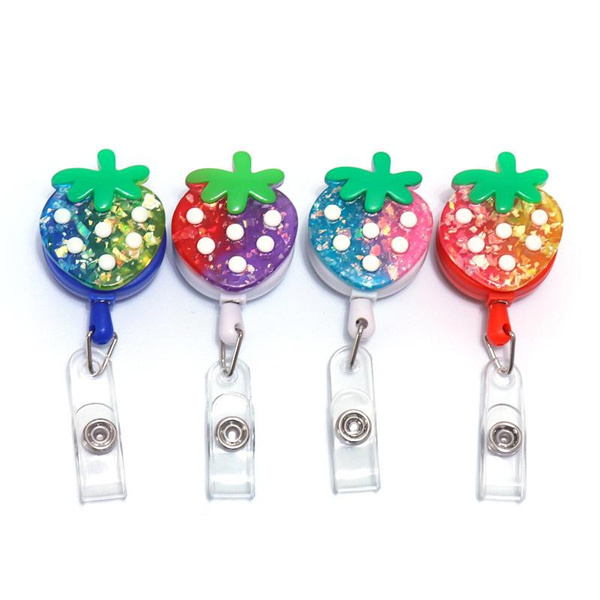 Retractable Glitter Strawberry Retractable Badge Reel Student Nurse  Exihibiton ID Name Card Badge Holder Office Supplies