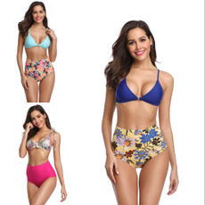 bathing suit, Floral print, bikini set, Halter