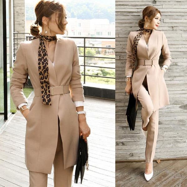 Women's Jacket and Pants Suit 2pcs/set Korean Style Uniform V-neck Lon