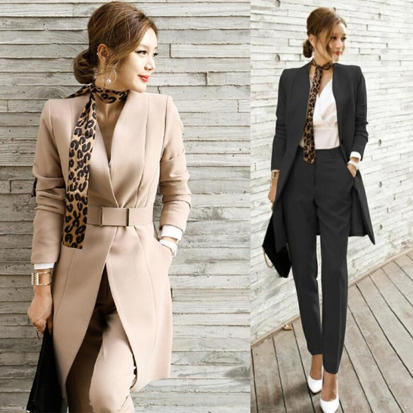 Women's Blazer Suits Two Piece Business Casual Sets Lapel V Neck Suit Coat with Fitted Pants for Work