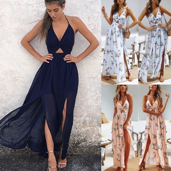 New Women BOHO Floral Print Beach Dress Sleeveless Maxi Dress Ladies ...