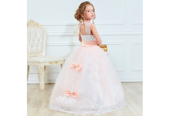 Princess Pink Long Girls Pageant Dresses Kids Prom Puffy Tulle