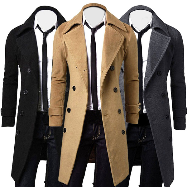 Men Windbreaker Long Fashion Jacket with Double-breasted Buttons Lapel ...