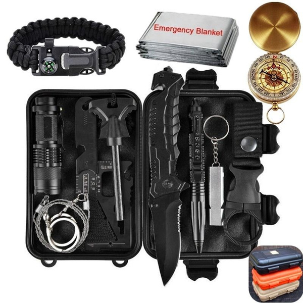 Emergency Survival Kit 12 in 1, Outdoor Survival Gear Tool with Survival  Bracelet, Folding Knife, Compass, Emergency Blanket, Fire Starter, Whistle,  Tactical Pen for Camping, Hiking, Climbing