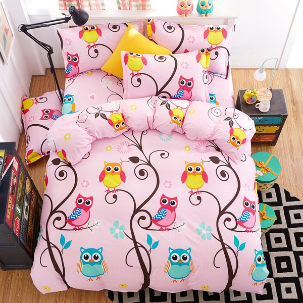 Cartoon Pink Owl Forest Magic Kid Bedding Sets Girl Child Twin King Size Bed Sheet Pillowcase Duvet Cover Wish Cartoon Pink Owl Forest Magic Kid, King Size Owl Bedding