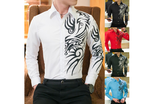 RRINSINS Men Fashion Pattern Print Slim Fit Long Sleeve Fashion Button Down Shirt 