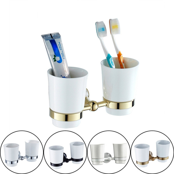 DOUBLE TOOTHBRUSH HOLDER TUMBLER WALL MOUNTED ACCESSORY BRUSH CUP GLASS BATHROOM 