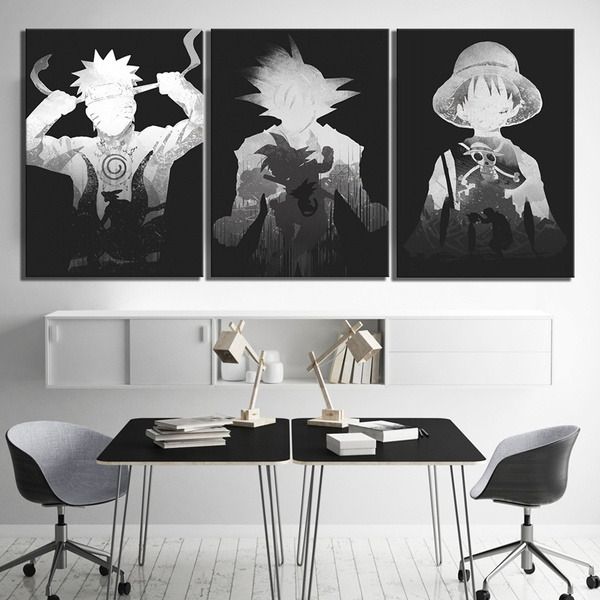 3 Piece Goku Luffy And Naruto Cartoon Pictures Black White Wall Paintings Dragon Ball One Piece Naruto Anime Poster Canvas Paintings Wish