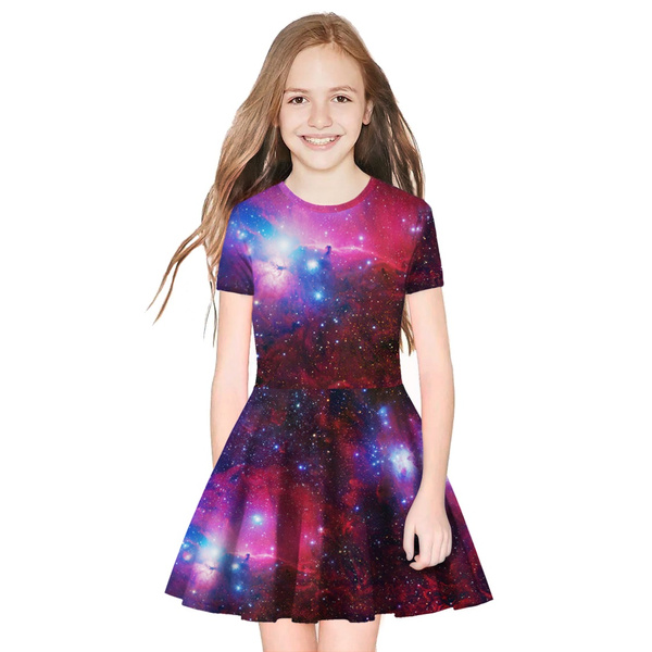 Children Dress Summer Kids Short Sleeve Purole Galaxy 3d Dresses For ...