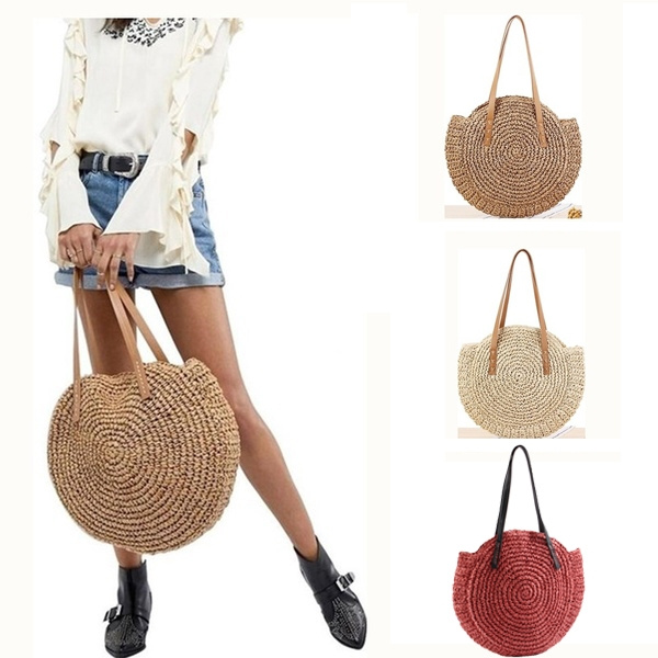 Summer Fashion Circular Beach Straw Braided Woven Beach Bag Travel Bag Tote Bag 
