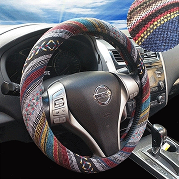 MEIKAXIU 15 inch Baja Blanket Car Steering Wheel Cover for Women Boho Breathable Automotive Ethnic Style Coarse Flax Cloth Bohemia-BG 