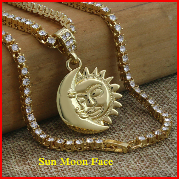 Unisex 14k Gold PT Sun Moon Face 