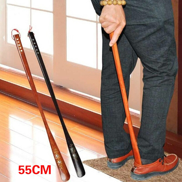 1Pc 55cm convenient flexible long handle shoehorn wooden shoe horn aid stick ES