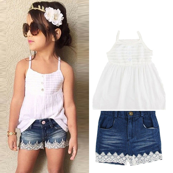 2PCS Toddler Baby Kids Girls Fashion Vest Top Dress + Lace Denim Shorts  Pants Outfits Clothes