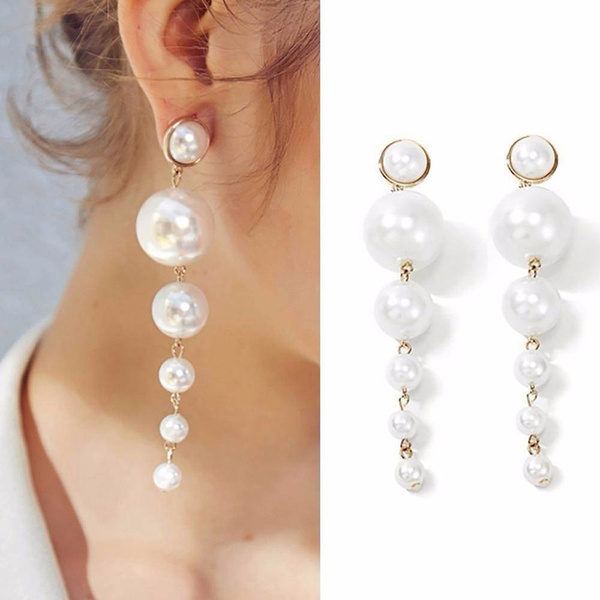 Women's Elegant Big Simulated Pearl Long Tassel Earrings Ear Stud Jewelry Gift 
