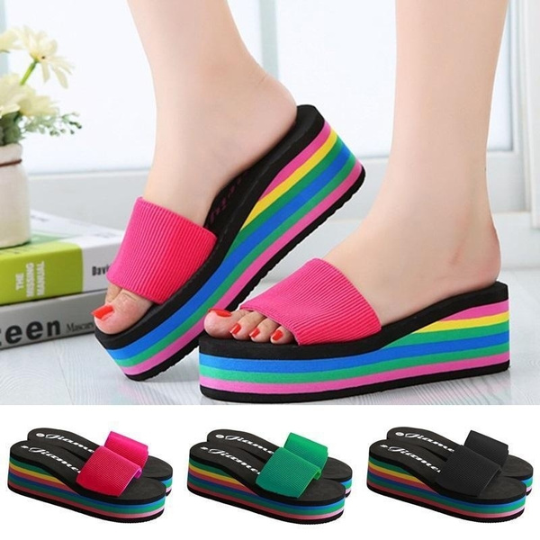 New Women's Casual Flip Flops Beach Sandals Rainbow High Platform