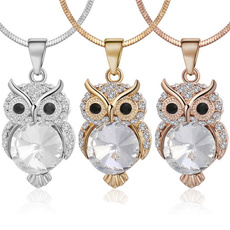 Rose Gold Color Fashion Snake Chain Crystal Gemstone Necklace Sweater Jewelry Fashion Small Cute Owl Bird Pendant For Women Gift