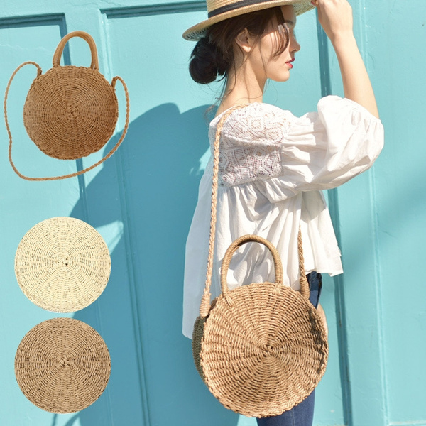 Round woven beach on sale bag