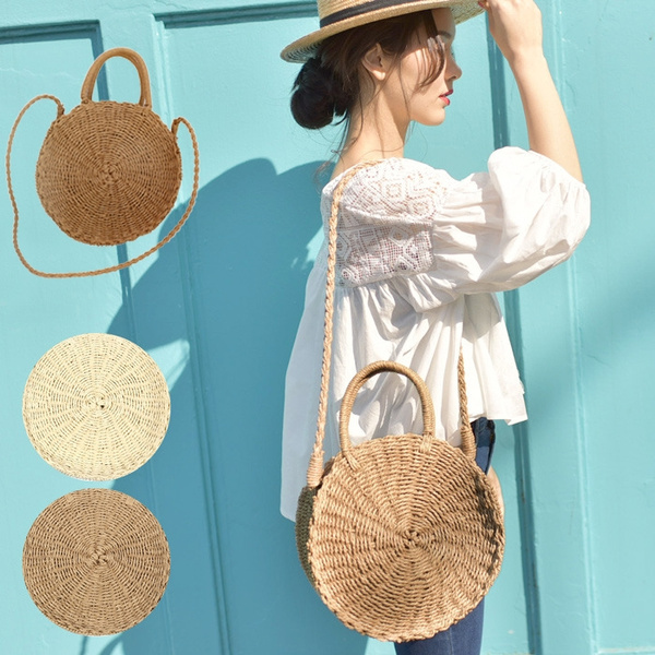 Round Straw Shoulder Bag for Women Beach Handbag Large Wicker Bag