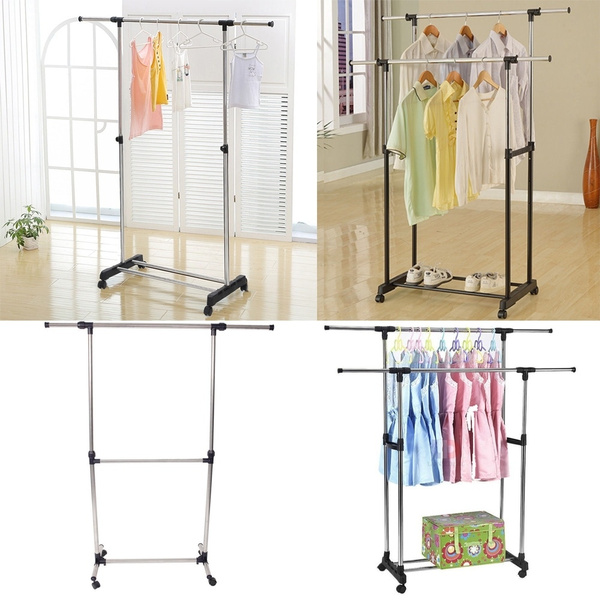 Adjustable Rolling Clothes Rack Hanging Garment Heavy Duty Hanger