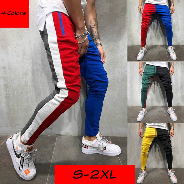 Men Gym Slim Fit Trousers Track Pants Bottoms Striped Skinny Joggers Sweat  Pants Men Leisure Color Matching Design Personality Sweatpants Hip-hop