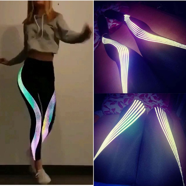 Fashion Women High Waist Stretchy Iridescent Reflective Material Printed  Striped Black Leggings Running Yoga Leggings Sport Pants