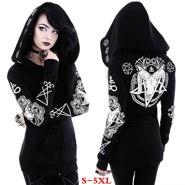 Frieed Women Punk Gothic Print Hoodie Irregular Stylish Sweatshirt Jacket 