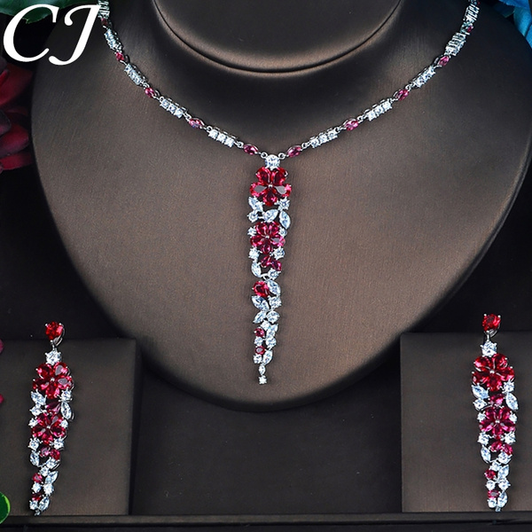 High Quality CZ Diamonds Ruby Necklace Earrings Set Bridal 