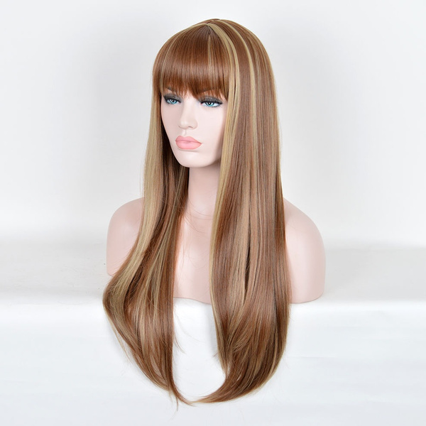 Women Hair Hannah Montana Blunt Bangs wig Blonde Highlights Brown Long Wigs