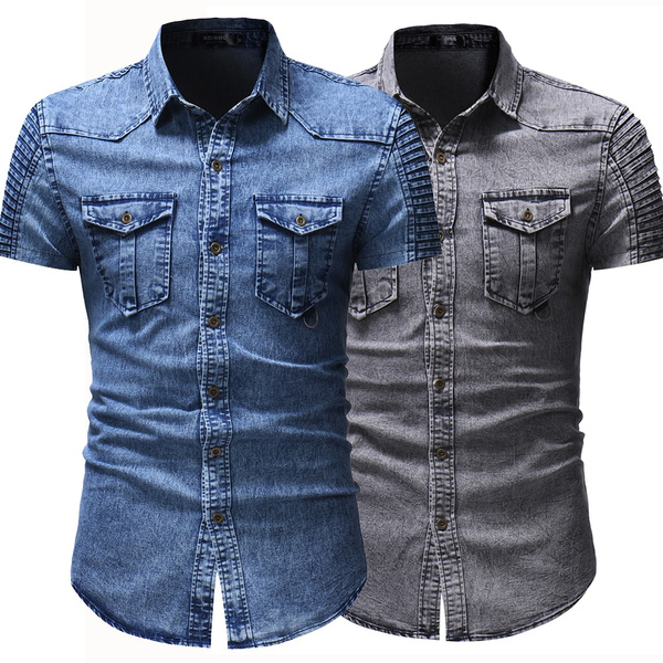 Men's Short Sleeve Denim Shirts Causal Button Down Jeans Shirts