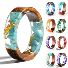 Novelty Handmade Wood Ring Resin Ring Turquoise and Gold Foil Insided Romantic Gift Ring for Lover