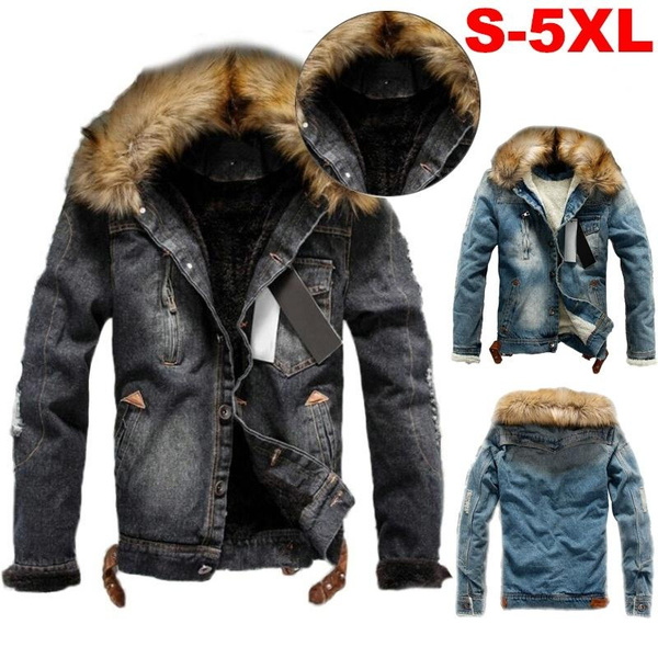 Men's Fleece Lined Winter Warm Fur Collar Coat Trucker Denim Jean Jacket  Outwear | eBay