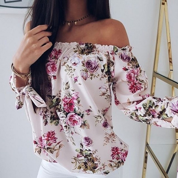 Women Fashion Off Shoulder Shirring Flared Floral Print Loose Blouse Blusas | Wish