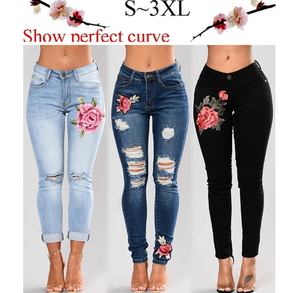 Rose embroidered clearance jeans womens