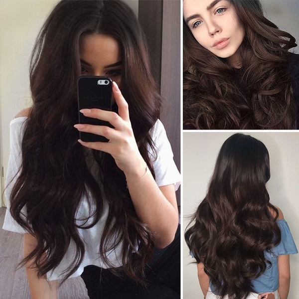 Chocolate Dark Brown Big Wave Long Curly Hair High Temperature Silk Synthetic Wigs For Women Wish