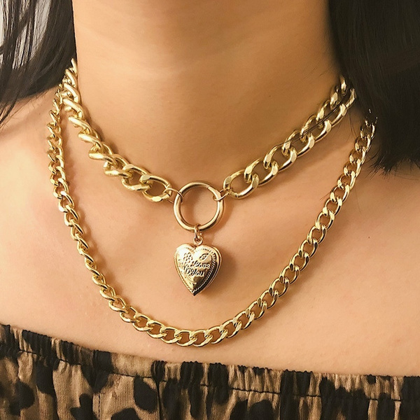 Heart chunky chain necklace Chunky gold necklace Chain choker Silver chain Gold chain necklace Heart pendant Statement Necklace