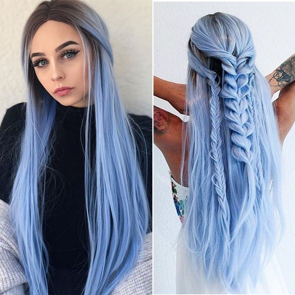 Beautiful Long Straight Hair Ombre Blue Synthetic Wig for Women(color:blue)  | Wish