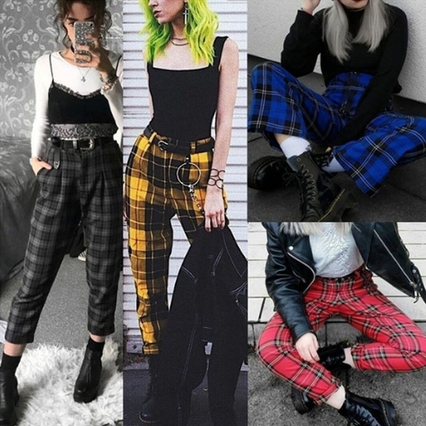 Women 90s Fashion Grunge Checked Trousers Spring Pants 47 OFF
