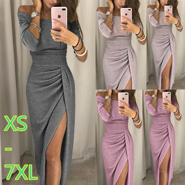 Shiny off shoulder ruched hot sale thigh slit party dress