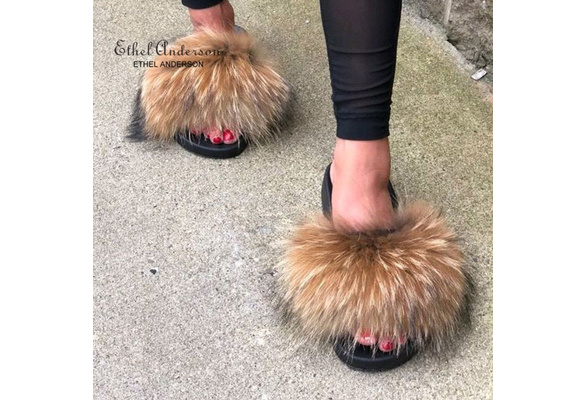 Women's Fur Slipper Real Raccoon Fur 