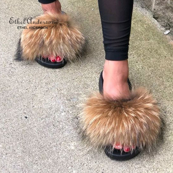 2019 Fashion Fluffy Real Fox/Raccoon Fur Slippers Women Sandal Shoes Flat Slides 